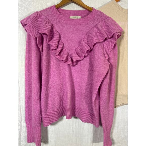 Loft Sweater XL Lot of 2 Tan Weekend Pink Ruffle Knit - Picture 2 of 12